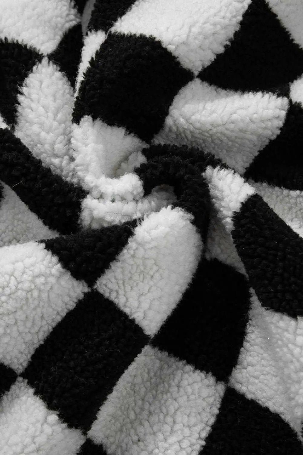 Black Checkered Side Pockets Collared Buttoned Fleece Jacket - Love Salve